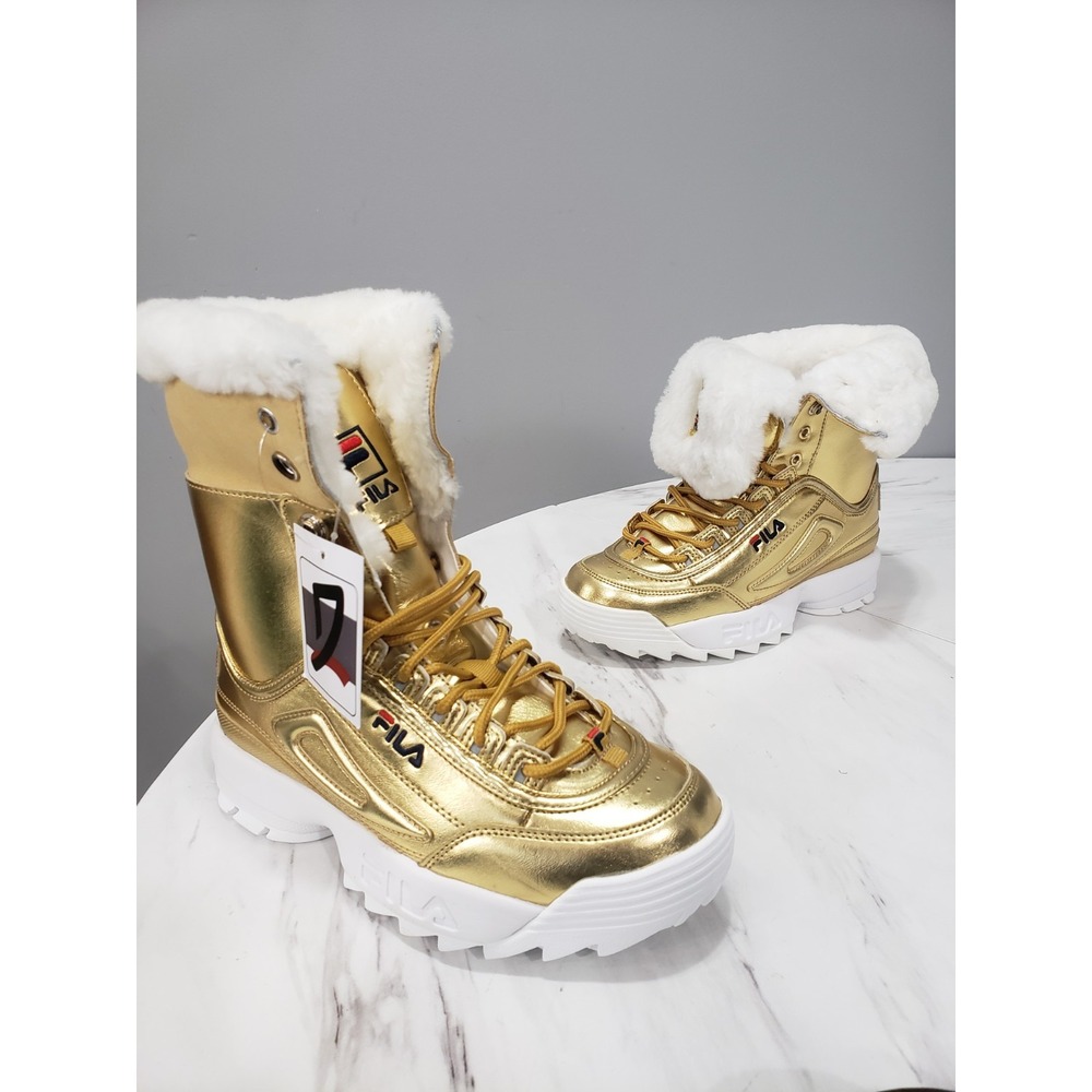 NEW NO BOX 5.5 WOMENS FILA Disruptor Shearling Winter Snow Boots Foldover GOld